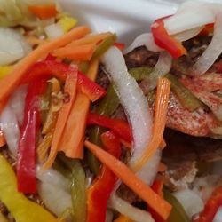 Sunday Best Jamaican Cuisine - Red snapper rice and peas plantains ( I think I ate them before I took the pic) cabbage