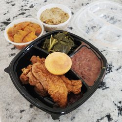 Faye & Joe’s Southern Bowl - Catfish, pinto beans, collard greens, dressing, sweet potatoes, corn muffin