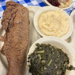 Martin's Restaurant - Fried Whole Catfish Dinner Special with greens, dressing and cheese grits