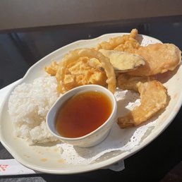 Kids chicken tempura plate. Also included tempura vegetables and steamed rice.