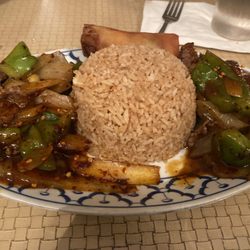 Thai Orchid - Lunch special pepper steak with fried rice and spring roll.