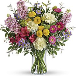 Stanton's On The Side Florist - Alstroemeria, light yellow carnations, pink stock, hot pink matsumoto asters and large lavender monte cassino asters.