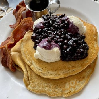 Lifesaving Station - Lemon Ricotta Blueberry Pancakes - lemon blueberry compote, ricotta cheese, maple syrup, choice of sausage or bacon - Breakfast & Brunch Near Me - Duck, North Carolina