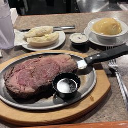 Paul's Pub - Prime Rib - Medium Rare, Mashed Potatoes, Dinner Role.