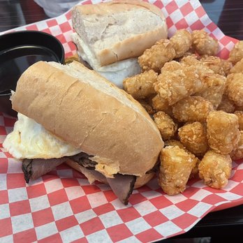 Little Dipper Diner - French Dip w/ an egg on each half w/ tater tots - Sandwiches Near Me - Anchorage, Alaska