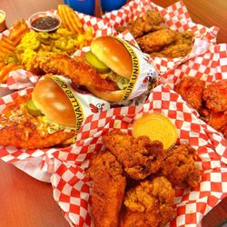 Halal Nashville Hot Chicken spread -- sandwiches, wings & fries at Hangry Joe's Catonsville, MD