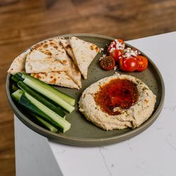 Pax & Beneficia Coffee - Hummus Plate, Zaatar, Brava Oil, Pita, Cucumber, Tomato, Feta