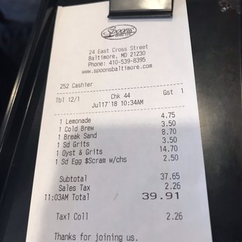 Spoons Cafe - The bill - New American Near Me - Baltimore, Maryland Spoons Cafe - The bill - New American Near Me - Baltimore, Maryland