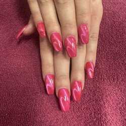 Pink cat eye full set coffin nails