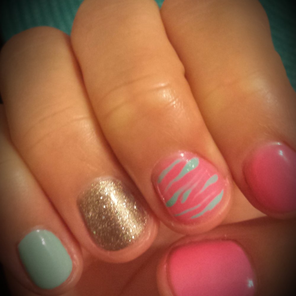 Your Nails - Pink w. Mint, gold & zebra no-chip manicure!! - Nail Salons Near Me - Franklin Park, Illinois Your Nails - Pink w. Mint, gold & zebra no-chip manicure!! - Nail Salons Near Me - Franklin Park, Illinois