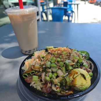 Poki Bowl - Med. bowl, 1/2 lettuce, 1/2 rice, tuna + too many toppings to list! Delicious! Cold coffee w/brown sugar bobba, not bad, but not my favorite - Poke Near Me - Wilmington, North Carolina Poki Bowl - Med. bowl, 1/2 lettuce, 1/2 rice, tuna + too many toppings to list! Delicious! Cold coffee w/brown sugar bobba, not bad, but not my favorite - Poke Near Me - Wilmington, North Carolina