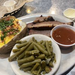 Brisket plate with loaded potato and green beans