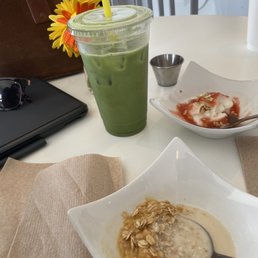 Iced matcha, yogurt, and overnight oats.