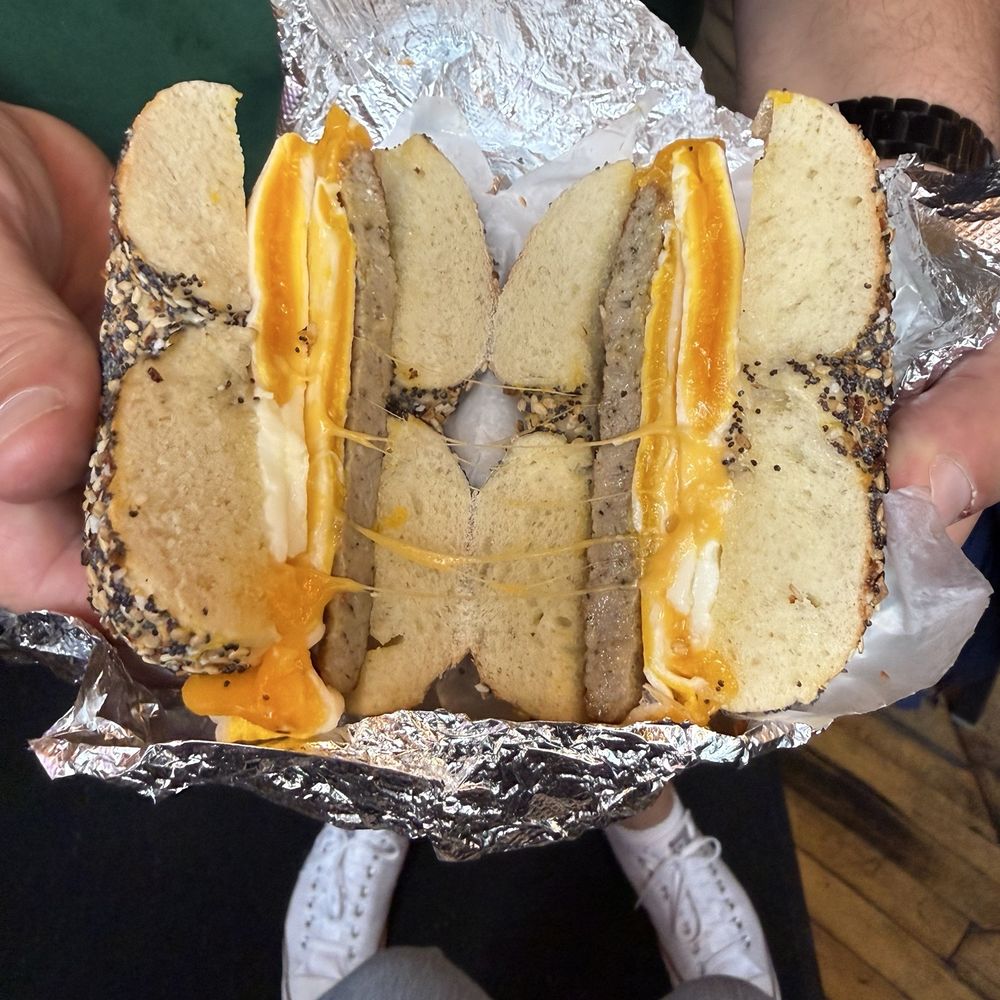 Water Street Bagel - Sausage, egg and cheese on everything bagel. - Bagels Near Me - Syracuse, New York Water Street Bagel - Sausage, egg and cheese on everything bagel. - Bagels Near Me - Syracuse, New York