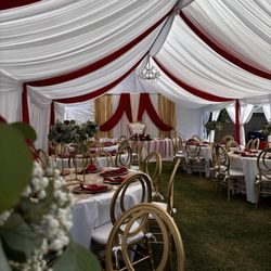 ( Canopy with Drapping, Backdrop, Flower Center Pieces, Tables & Oval Crossback Gold Chairs, Plates, Napkins and Table Linen )