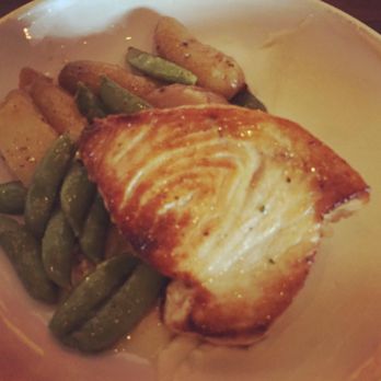Kindred Fare - Grilled swordfish with fingerling potatoes, sugar snap peas and cauliflower purée. - New American Near Me - Geneva, New York