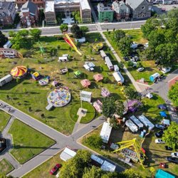 Aerial view of Campagnone common park, with the carnival in town