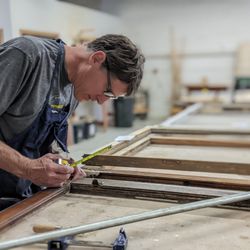 Hayes Window Restoration - Stabilizing and squaring window sashes during the restoration process.