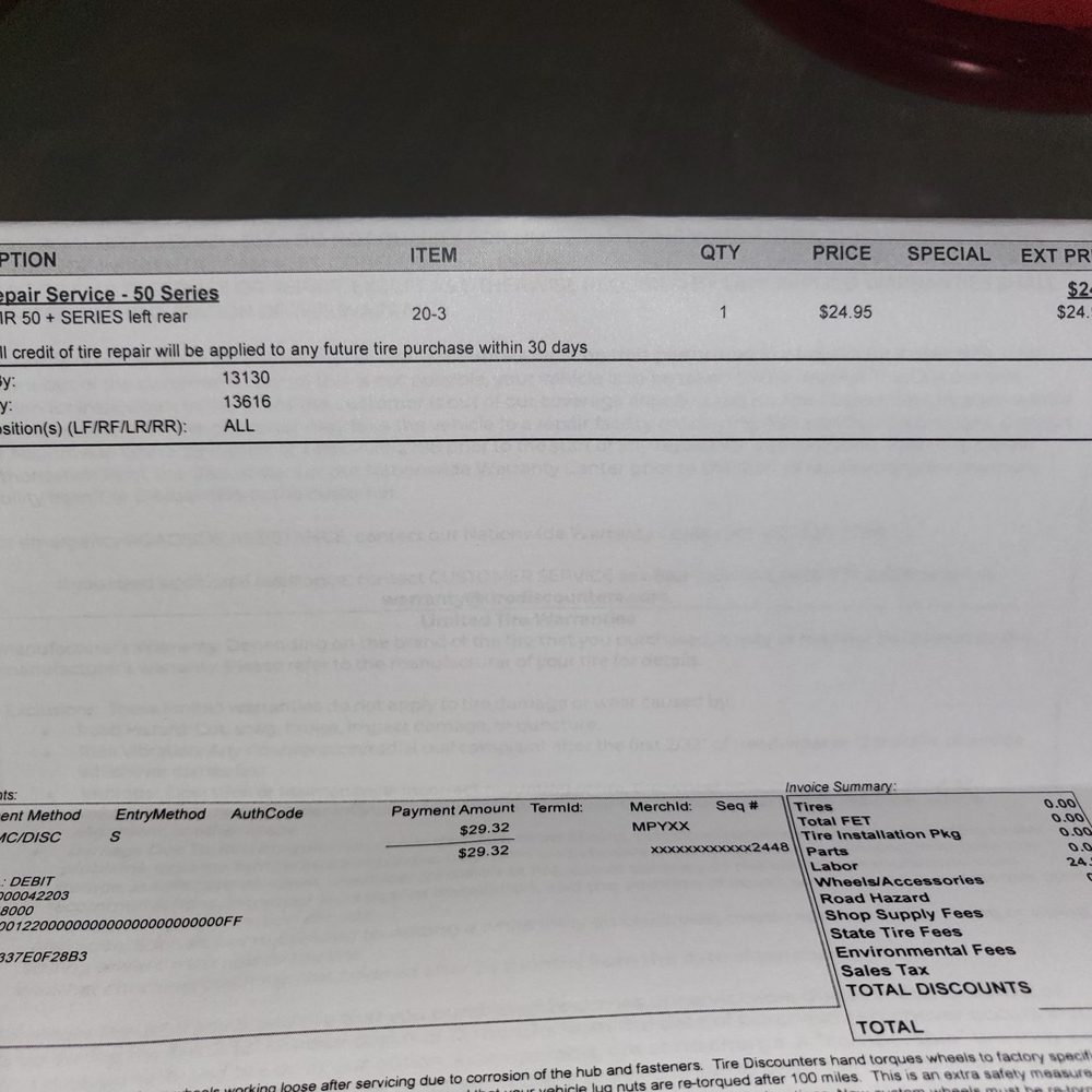 Tire Discounters - where I paid to have the nail taken out of the rear driver tire - Tires Near Me - Cincinnati, Ohio Tire Discounters - where I paid to have the nail taken out of the rear driver tire - Tires Near Me - Cincinnati, Ohio