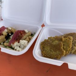 Cardona's Kitchen - Vegan Options! Yucca Tacos (w/ tofu, black beans, salsa & pickled onion) $8 and a side of Tostones