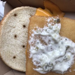 This is what you get when you get the fish sandwich here. Not pleased at all!!!