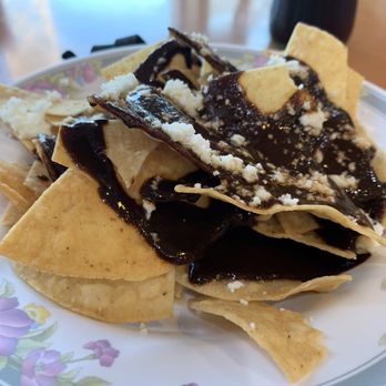 Restaurante Arbol Del Tule - Close up of the chips with mole top. - Mexican Near Me - Anaheim, California Restaurante Arbol Del Tule - Close up of the chips with mole top. - Mexican Near Me - Anaheim, California
