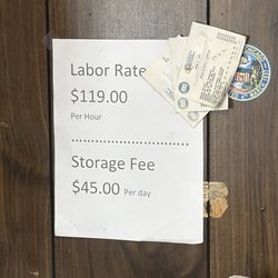 Keil Automotive - Current labor rate and storage fee rate as of August 17, 2026.