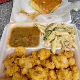 Fried shrimp, etouffee, & shrimp fettuccine w/ cornbread. Fried shrimp, etouffee, & shrimp fettuccine w/ cornbread.