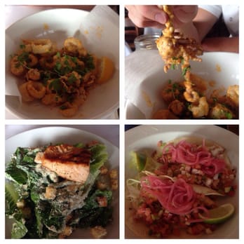 Off the Hook - Calamari (top left), piece calamari (top right), salmon on romaine salad (bottom left), spicy fish tacos (bottom right). - Seafood Near Me - Bethany Beach, Delaware