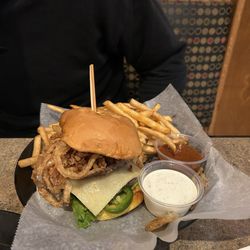Brickhouse Craft Burgers and Brews - Build Your Own Burger: Caribbean Red Jack Cheese, Fried Crispy Onions, Jameson Bacon Jam, Lettuce, Jalapeños, Ranch, and OMG Sauce.