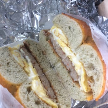 Custom Bagels - sausage/egg/cheese on a spinach and cheddar bagel - Bagels Near Me - Media, Pennsylvania