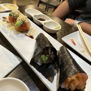 The Sushi By Jin - Left (Crispy Rice) Right (Salmonskin Hand Roll, Yellowtail Hand Roll) - Japanese Near Me - Fullerton, California