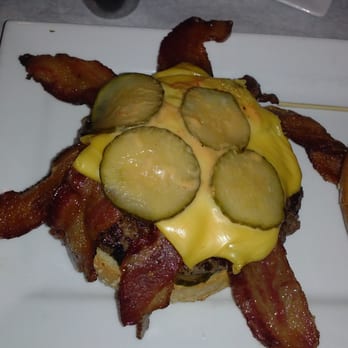 B&B Tavern - The "Chef Seth burger" close up. Lots of cheese, pickles and BACON! - New American Near Me - Canton, Georgia B&B Tavern - The "Chef Seth burger" close up. Lots of cheese, pickles and BACON! - New American Near Me - Canton, Georgia