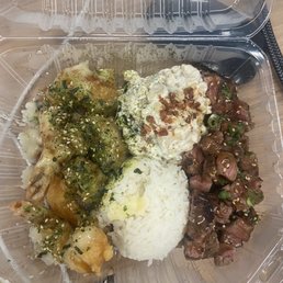 SOA Steak and Shrimp tempura combo plate with mac salad SOA Steak and Shrimp tempura combo plate with mac salad