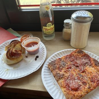Mario’s Pizza - Pepperoni pinwheel, mineral water, and a yummy square slice - Pizza Near Me - Brooklyn, New York
