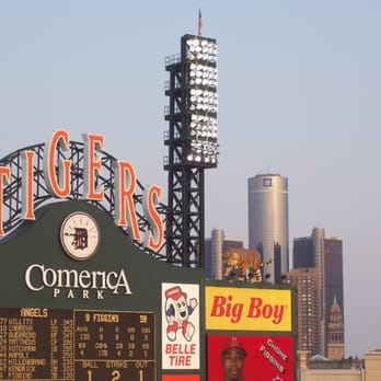 Comerica Park - Comerica Park Scoreboard with GM Headquarters in background- Detroit - Stadiums & Arenas Near Me - Detroit, Michigan Comerica Park - Comerica Park Scoreboard with GM Headquarters in background- Detroit - Stadiums & Arenas Near Me - Detroit, Michigan