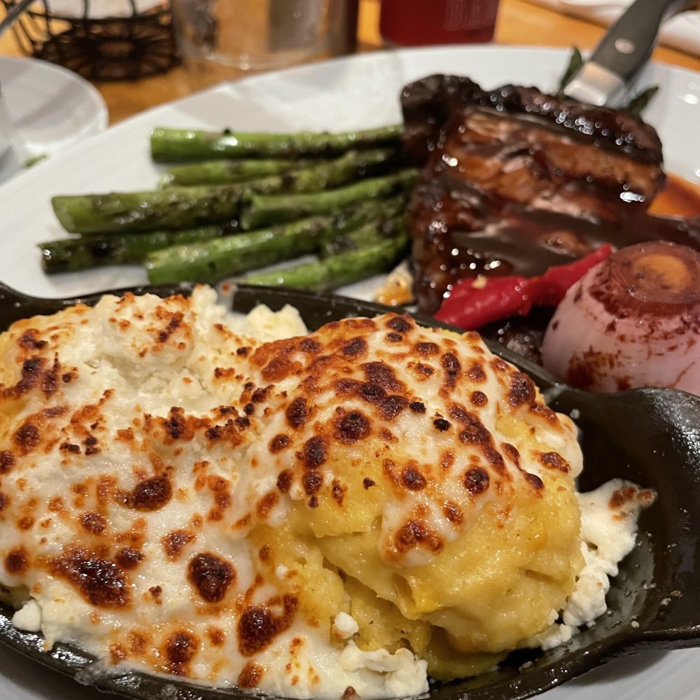 Pinstripes - Char-Grilled Ribeye w/ Grilled Asparagus and Cheesy Polenta - Bowling Near Me - Northbrook, Illinois Pinstripes - Char-Grilled Ribeye w/ Grilled Asparagus and Cheesy Polenta - Bowling Near Me - Northbrook, Illinois