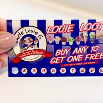 Uncle Louie G - Don't forget your punch card when you visit us! Once you buy 10 items you get one free small ice or ice cream :) - Ice Cream & Frozen Yogurt Near Me - Staten Island, New York Uncle Louie G - Don't forget your punch card when you visit us! Once you buy 10 items you get one free small ice or ice cream :) - Ice Cream & Frozen Yogurt Near Me - Staten Island, New York