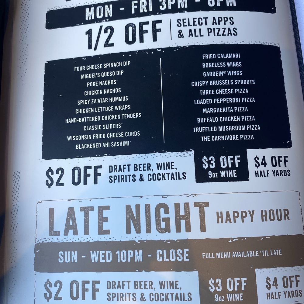 Yard House - Happy hour menu as of 8/7/25 - New American Near Me - Carlsbad, California