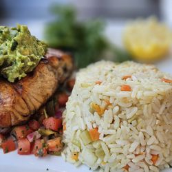 The Pour House - Grilled Salmon with guacamole & Rice Pilaf
