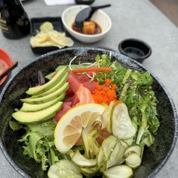 Sushi Mori - Lunch special poke bowl. Very filling! I like how I was able to have both ponzu and spicy mayo sauce on the side. - Sushi Bars Near Me - La Jolla, California