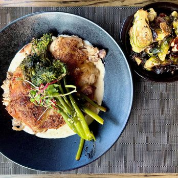 The Pump House - L to R: Roasted Chicken w/ Asparagus, Brussels Sprouts - New American Near Me - Rock Hill, South Carolina