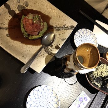 Sushi Yasaka - toro tartar, warm sake (right) - Japanese Near Me - New York, New York