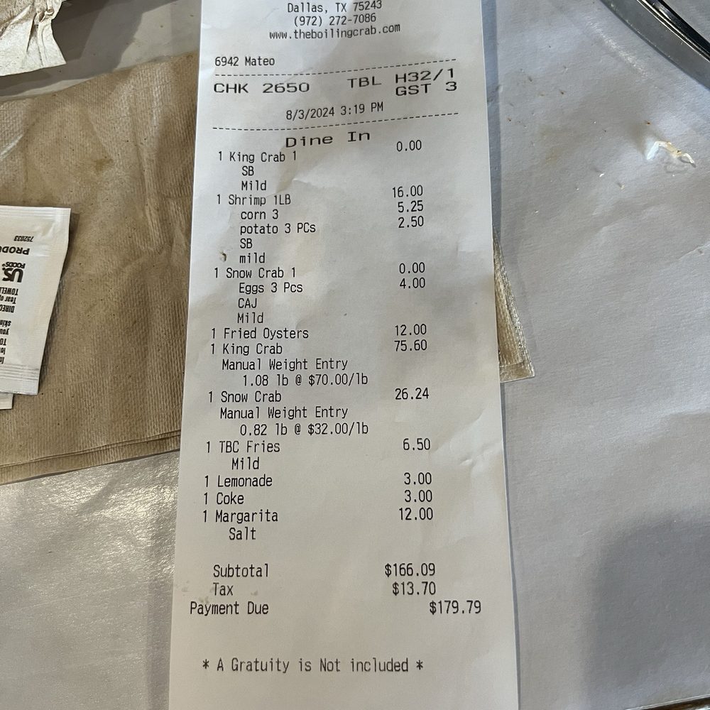 The Boiling Crab - Receipt for 3 people - Cajun/Creole Near Me - Dallas, Texas The Boiling Crab - Receipt for 3 people - Cajun/Creole Near Me - Dallas, Texas