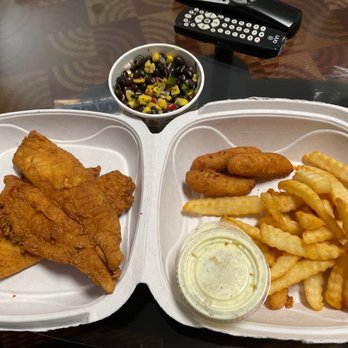 Showmars - Little Rock - Fried flounder platter, crinkle fries, black bean and corn salad, extra tarter sauce, and hush puppies (not over cooked!!) - Greek Near Me - Charlotte, North Carolina Showmars - Little Rock - Fried flounder platter, crinkle fries, black bean and corn salad, extra tarter sauce, and hush puppies (not over cooked!!) - Greek Near Me - Charlotte, North Carolina