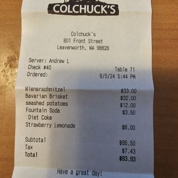 Colchuck's - Receipt to prove I ate there and what we ordered. - German Near Me - Leavenworth, Washington Colchuck's - Receipt to prove I ate there and what we ordered. - German Near Me - Leavenworth, Washington