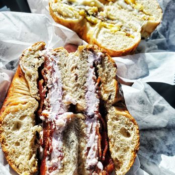 Fancy Bagels - Southington - blueberry cream cheese + bacon on a cinnamon raisin bagel with a sausage egg and cheese - Burgers Near Me - Southington, Connecticut