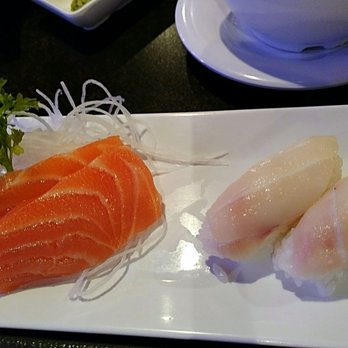 Ginza - Salmon sashimi - limit 6 pieces. white tuna nigiri sushi on right side - Sushi Bars Near Me - Sarasota, Florida Ginza - Salmon sashimi - limit 6 pieces. white tuna nigiri sushi on right side - Sushi Bars Near Me - Sarasota, Florida