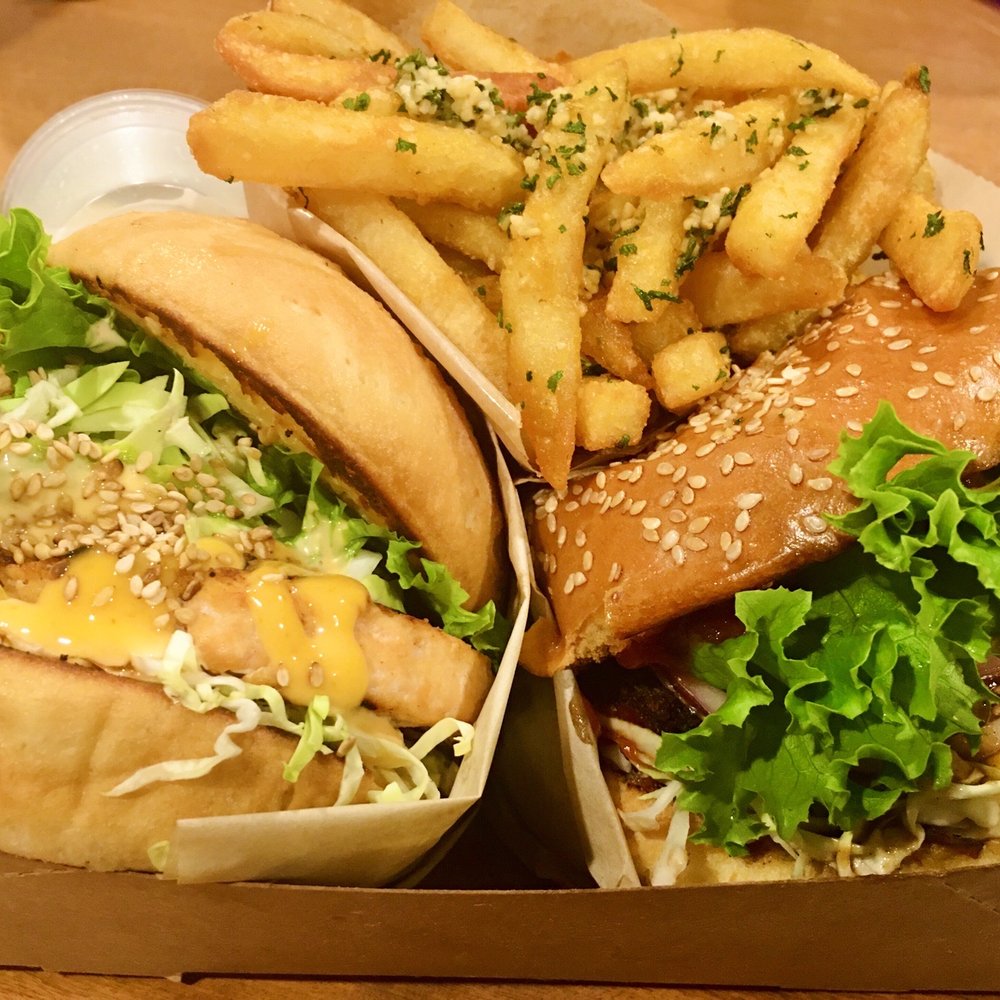A+ Burger - Left - Salmon Burger (added avocado) Right - Menchi Katsu Burger (added cheese) Garlic fries - Burgers Near Me - Oakland, California A+ Burger - Left - Salmon Burger (added avocado) Right - Menchi Katsu Burger (added cheese) Garlic fries - Burgers Near Me - Oakland, California