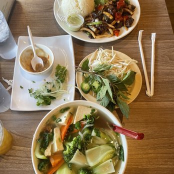 Bone & Broth - Vegan pho is the bowl on the bottom on the picture as it is placed on the table. Of course add in the bean sprouts and other dressings! - Vietnamese Near Me - Ontario, California